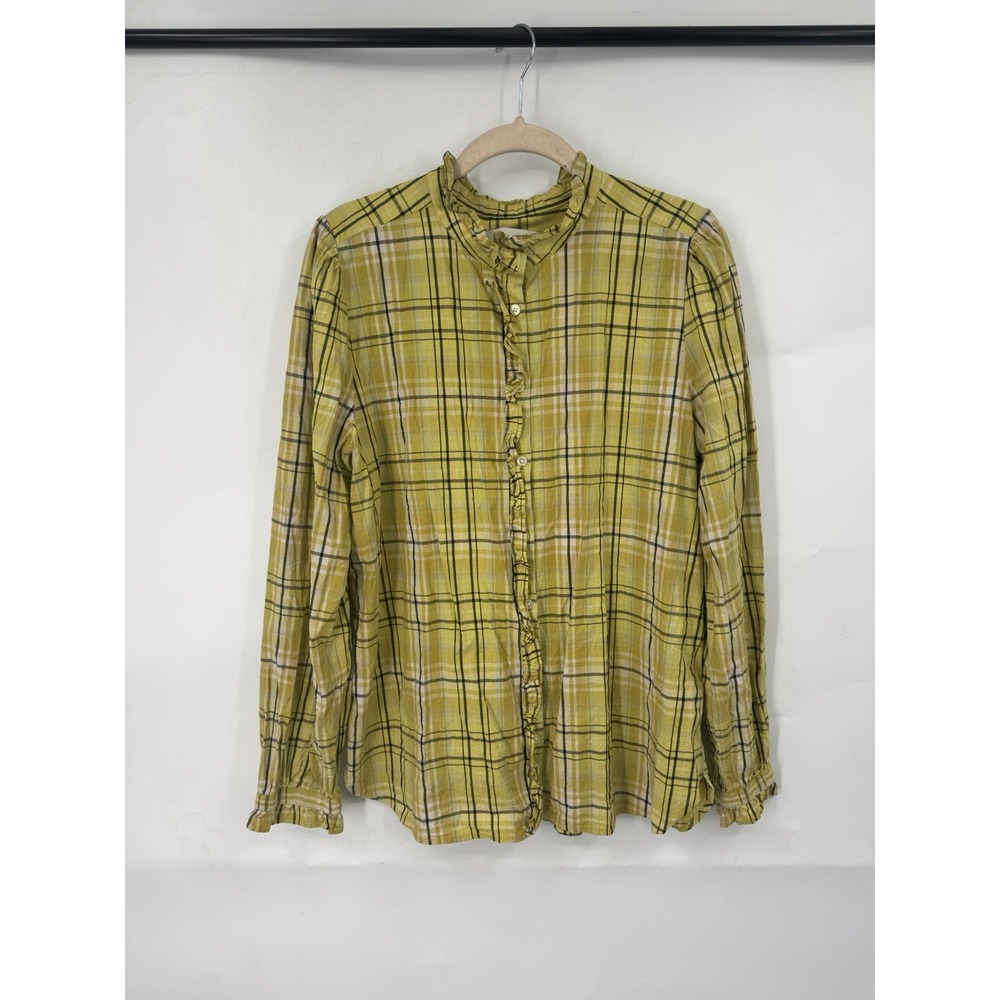 Loft Plaid Button‎ Front Blouse Top Women Large Yellow Western Indie Academia